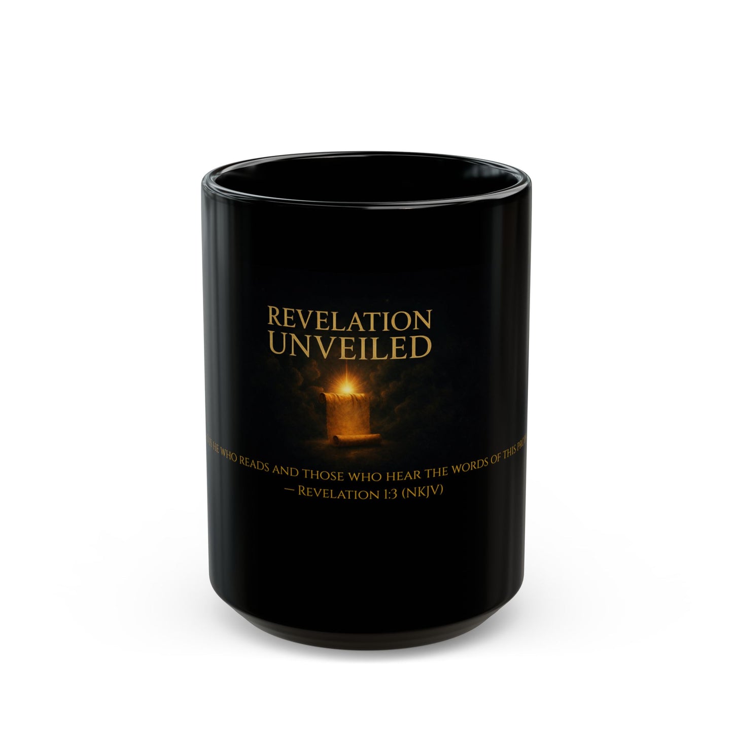 Revelation Unveiled Christian Coffee Mug — Revelation 1:3 Scripture, Black Ceramic Mug (15oz)