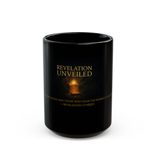 Revelation Unveiled Christian Coffee Mug — Revelation 1:3 Scripture, Black Ceramic Mug (15oz)